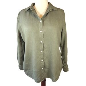 Chicos Linen Rayon Button Down Shirt Olive Green Size 16/18 Long Sleeve